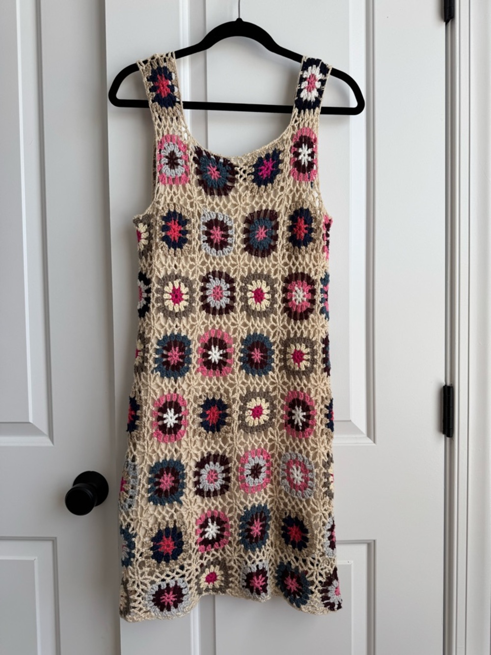 Handcrafted Crochet Mini Dress in Cream with Pink & Navy Accents